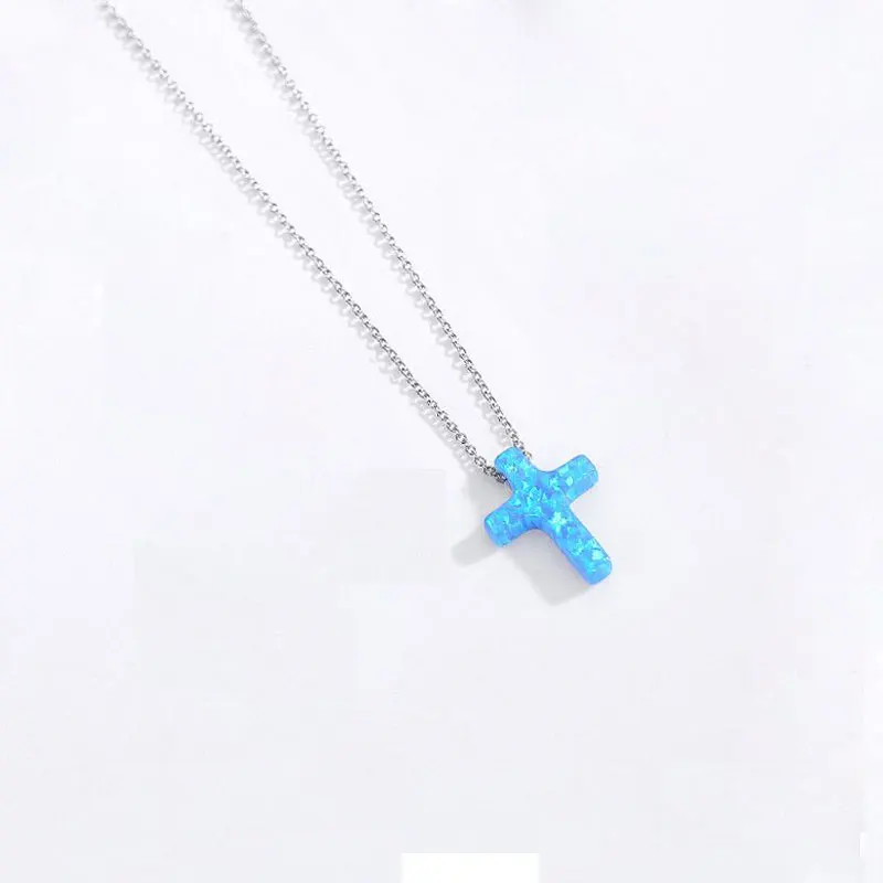 Ожерелье TONGZHE с опалом, серебряное 925 пробы, женское ожерелье с голубым крестом, ожерелье с подвеской в виде Иисуса из синтетического опала для женщин и 30 - Окраска металла: blue cable chain