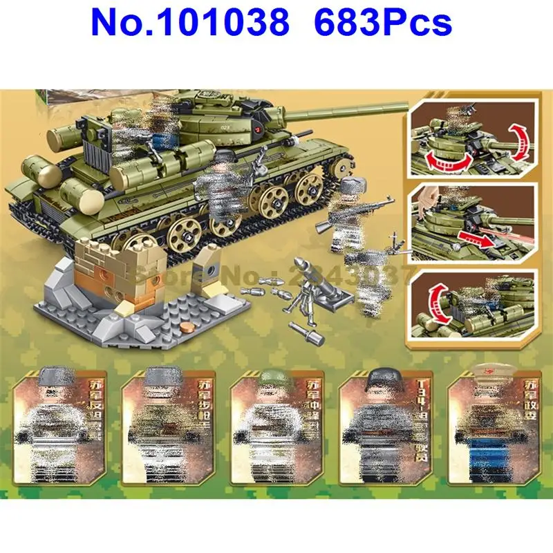101038 683pcs military world war ii ww2 soviet t-34 tank weapon soldier building blocks Toy