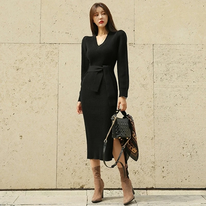 BGTEEVER сексуальное женское платье-свитер на шнуровке с v-образным вырезом, элегантное осенне-зимнее платье с разрезом сбоку, женские облегающие трикотажные джемперы Vestidos - Цвет: black