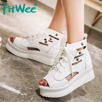 

Fitwee Size 34-39 Women Shoes Sandals Peep Toe High Top Lace Up Rivet Shoes For Women Ladies Footwear Casual Punk Style