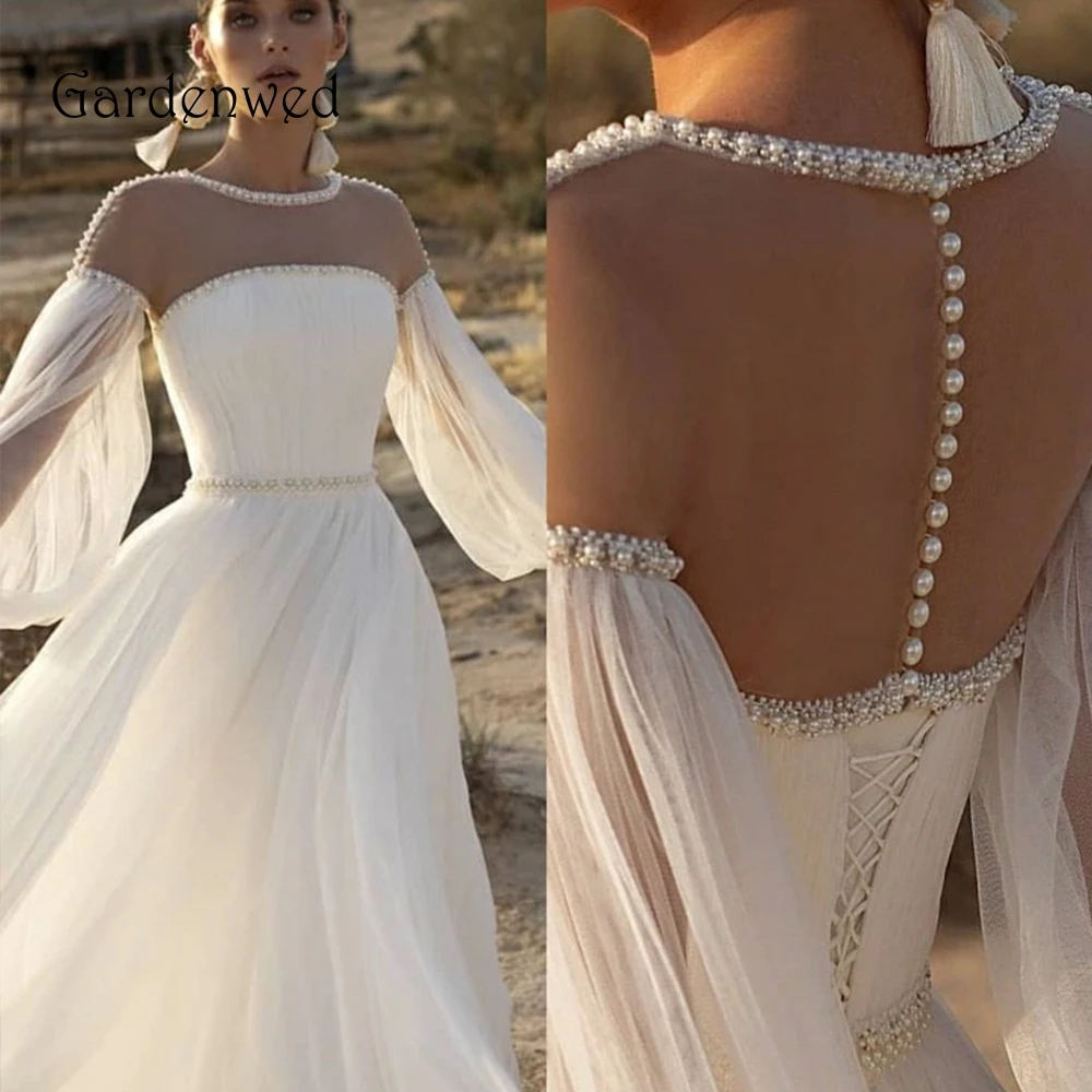 

Long Sleeves Wedding Dress 2020 Pearls Bride Dress Unique A Line Nude Shoulder Neck A line Tulle Flowing Skirt Bride Gowns
