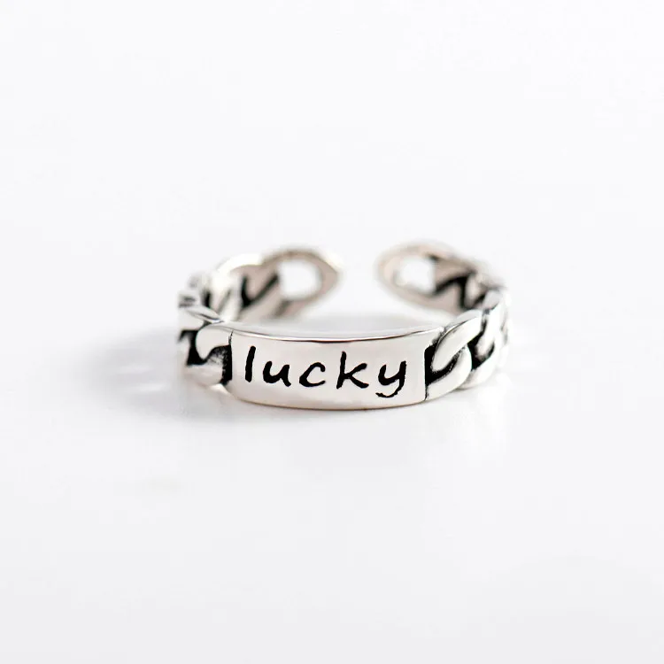 Винтажное кольцо на палец с надписью Lucky, тайское серебристого цвета для женщин, Трендовое повседневное стильное Брендовое модное ювелирное изделие, Открытое кольцо, регулируемое Размер - Цвет основного камня: Vintage silver