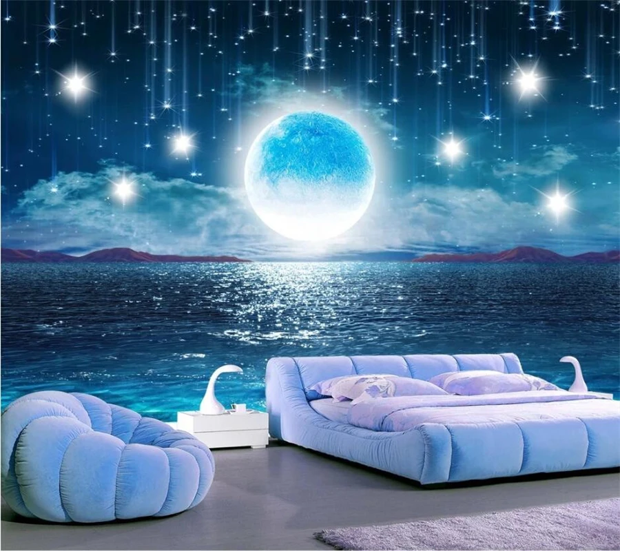 Beibehang Custom Wallpaper 3d Water Rise Bright Moon Beautiful Night Starry Sky Full Moon Landscape Living Room Background Wall Wallpapers Aliexpress