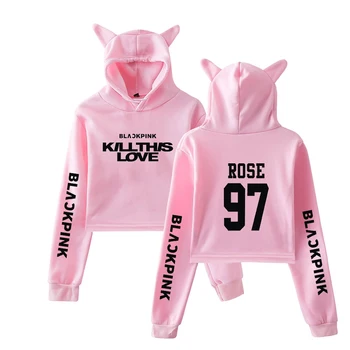 

New harajuku Fashion Kpop Blackpink KILLTHISLOVE Cat Kawaii Hooded Hoodie Pullovers Women Crop Top Hoodie Hip Hop Streetwear