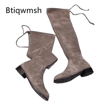 

2019 Sexy Stretch Thigh High Boots Women Round Toe Black Suede Flats 2.5 cm 7.5CM High Heel Shoes Woman Sexy Over The Knee Boots