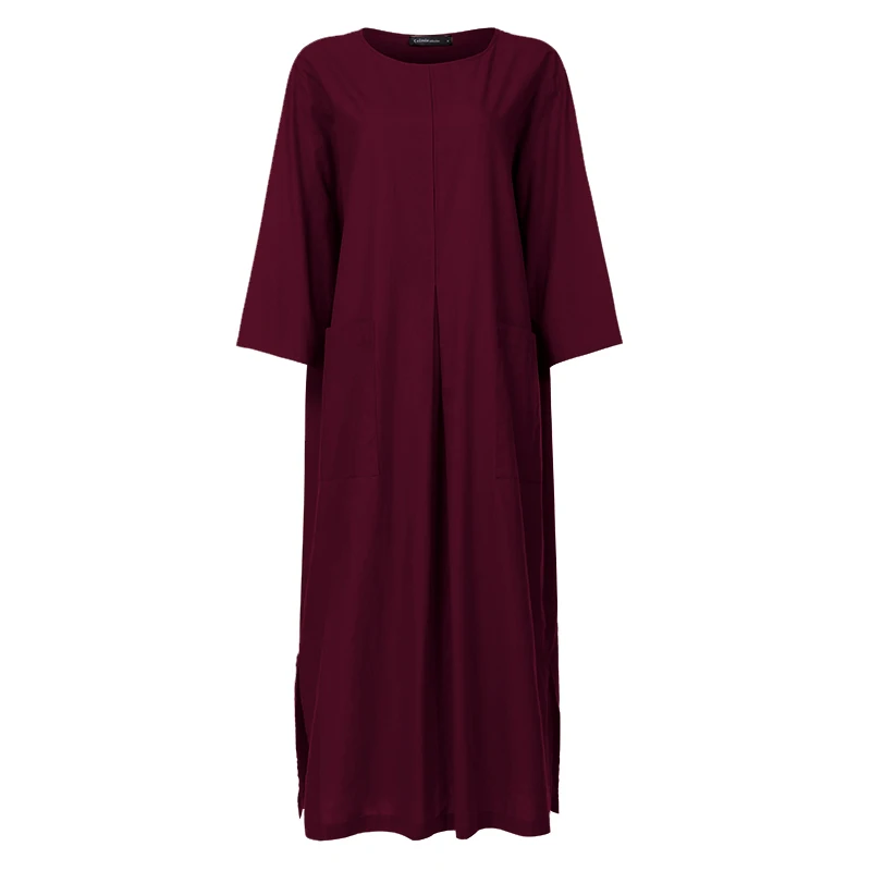 Wine Red Celmia, женское повседневное весеннее платье с длинным рукавом, винтажное льняное длинное платье-рубашка, свободные карманы, разрезные вечерние платья, S-5XL - Цвет: Wine Red