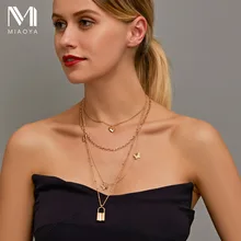 

Vintage Multilayer Chain Link Lock Necklaces for Women Metal Long Butterfly Necklace Moon Idol Pendant Choker Boho Jewelry Set