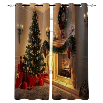 

Christmas Wreath Gift Fireplace Joy Window Curtains Home Decor Bedroom Kitchen Items Curtain Panel Curtains for Living Room