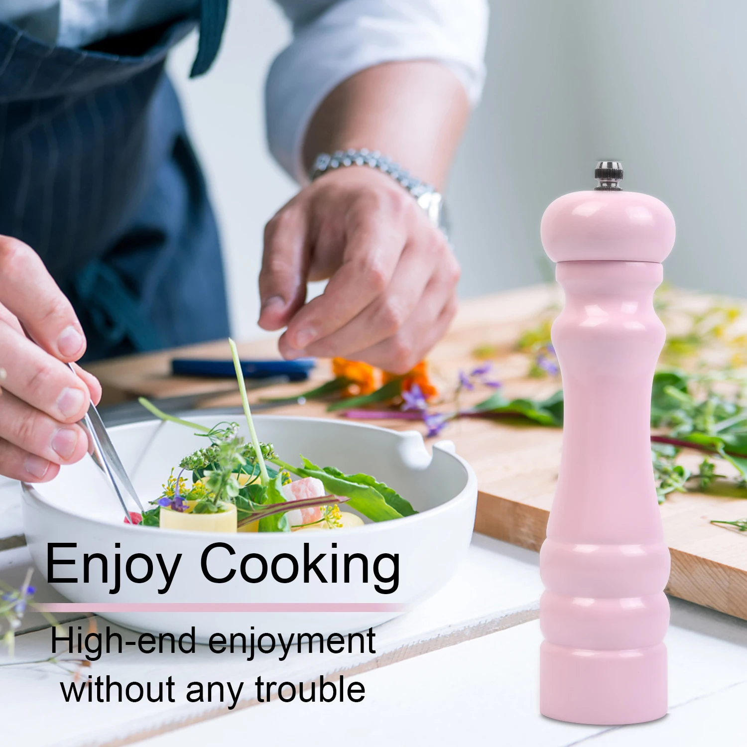 Manual Rubber wood PU Pink salt and pepper grinder with ceramic grinder core Refillable Manual Spr Wood, Spray Light pink Color