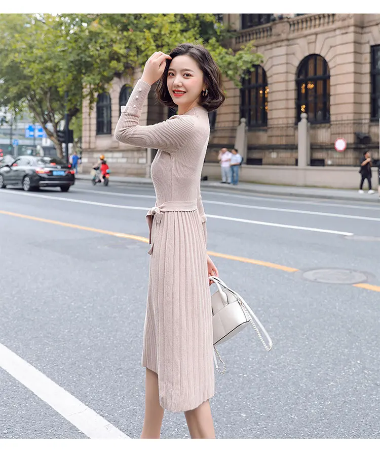 Fashion Autumn Sweater Dress Women Knitted Dress Elegant Women High Waist Pleated Dresses Korean Woman Pullovers Sweater Dresses