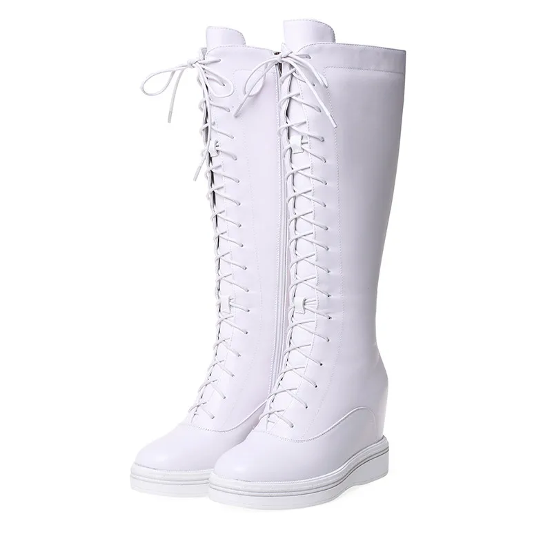 white not fur ASUMER/модные сапоги из натуральной кожи; женские сапоги до колена на платформе; зимние сапоги на танкетке с перекрестной шнуровкой; размеры 34-40 - Цвет: white not fur