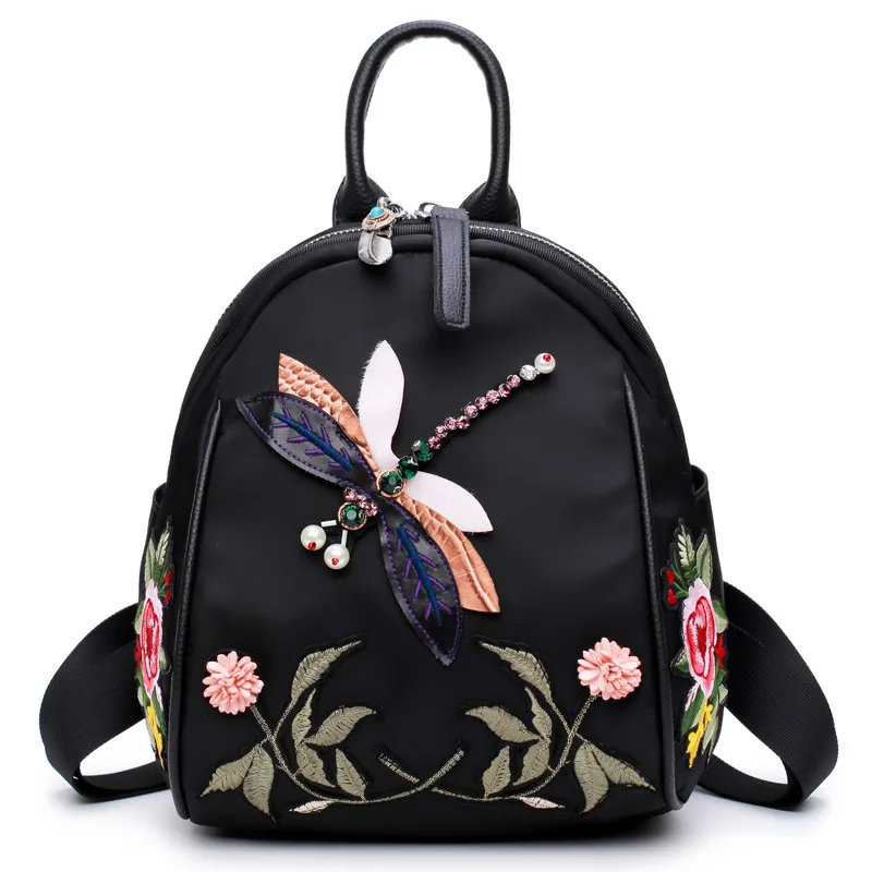 

2019 Flower Embroidery Both Shoulders Package Manual Rhinestone Dragonfly Single Shoulder Backpack Leisure Time A Bag