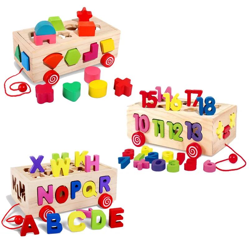 

Baby Toy Color Digital letter Shape Pairing Log Board Hauling Cart Children Early Education Wooden Toys For Children Kids Gift