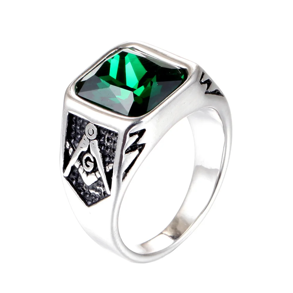 Silver green Мужской высокое качество мужские цвета: золотистый, серебристый AAA+ Циркон масон, Масонство масонское кольцо Нержавеющая сталь группа каменное кольцо для мужчин - Цвет основного камня: Silver green