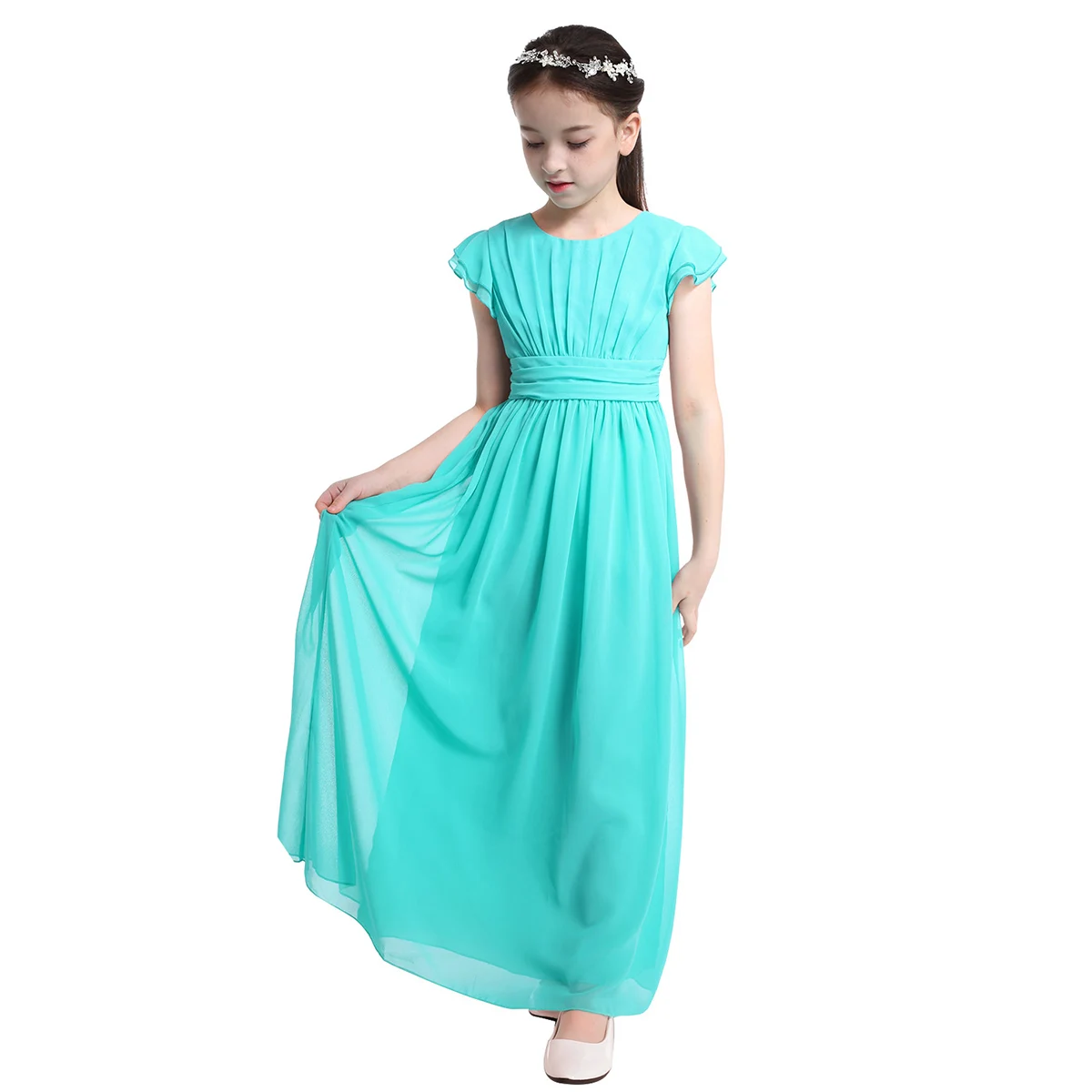 Junior Bridesmaid Dresses Flutter Sleeves Pleated Chiffon Long Dress Children's Girls Wedding Party Princess Kids Flower Dress