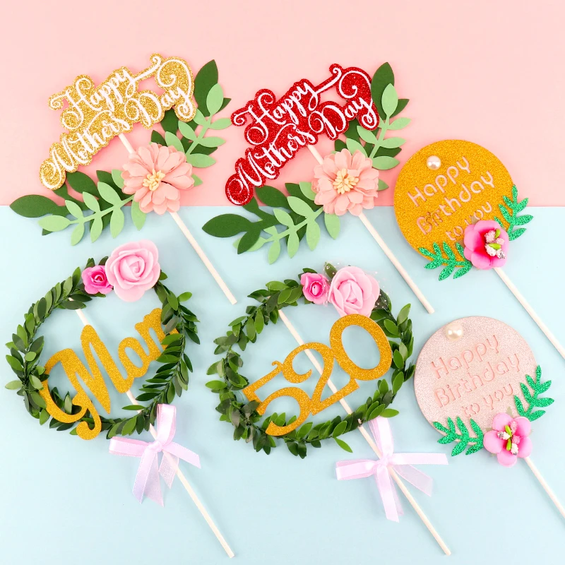 Cakelove 1 шт. Цветок Золотой Красный Зеленый Лист Счастливый День матери торт Топпер