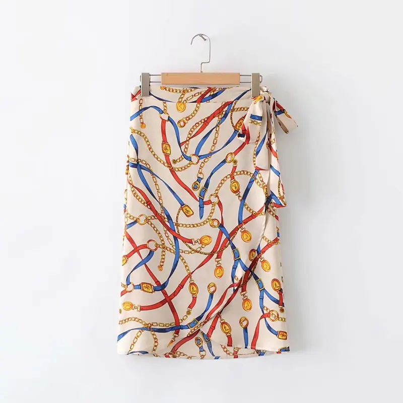 

Cnm-1465 Spring And Summer New Style 2019 Retro Chain Printed High-waisted Lace-up Wrap A- line Half-length Short Skirt