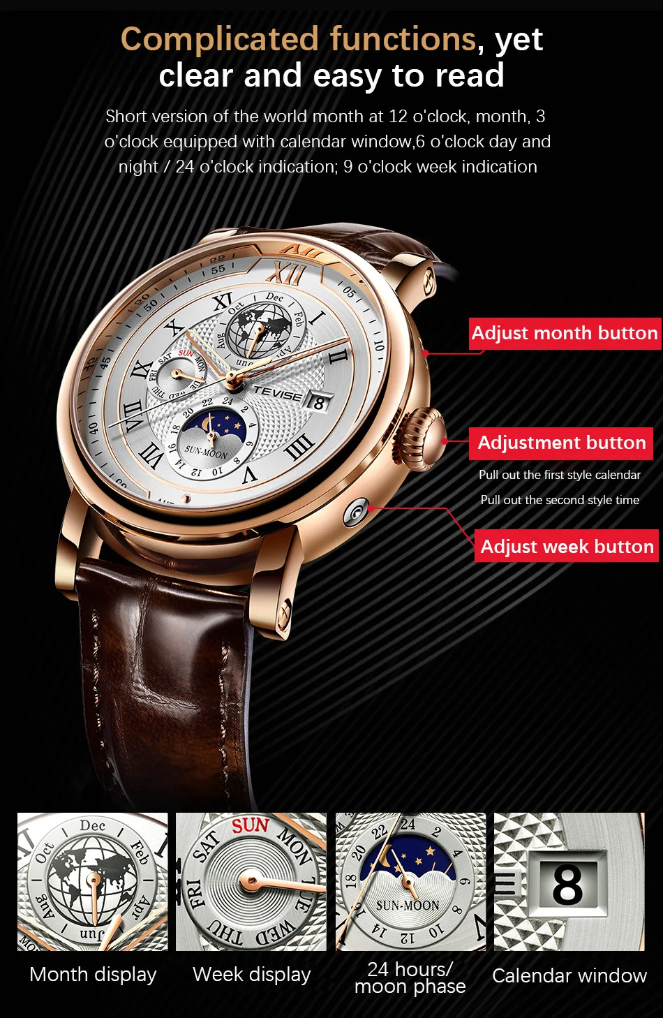 2021 New TEVISE Mens Mechanical Watches Top Brand Luxury Leather Moon Phase Automatic Watch Men Fashion Sport Waterproof Clock