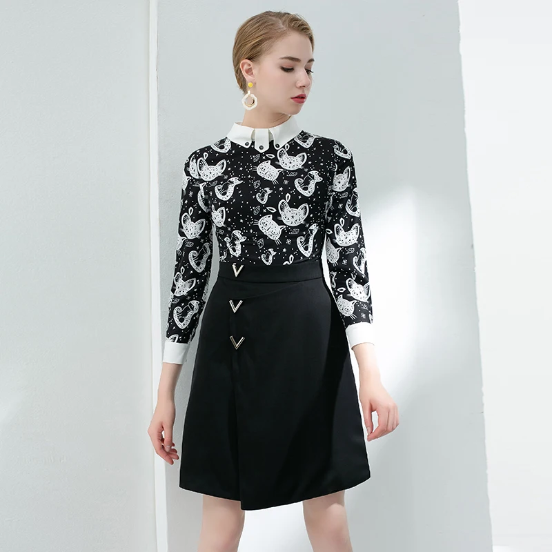 Autumn Pretty Fake Two Dress High Quality Sweet Three Quarter Sleeve Above Knee Mini Slim Dress