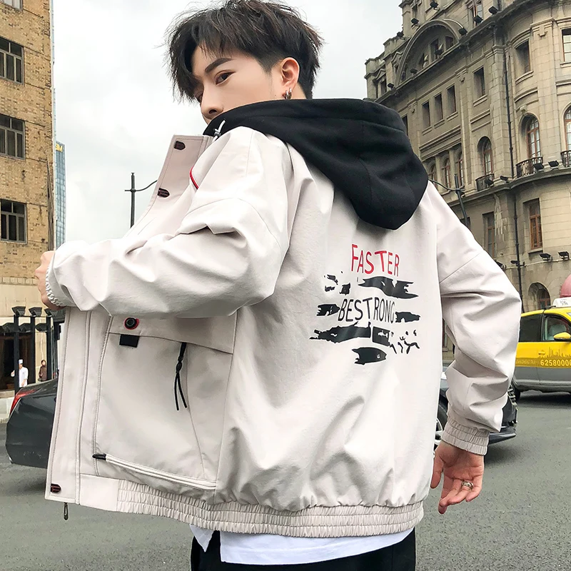 

2019 Autumn And Winter Men's New Casual Contrast Color Pocket Decoration Hooded Jacket Loose Temperament Trend Cotton