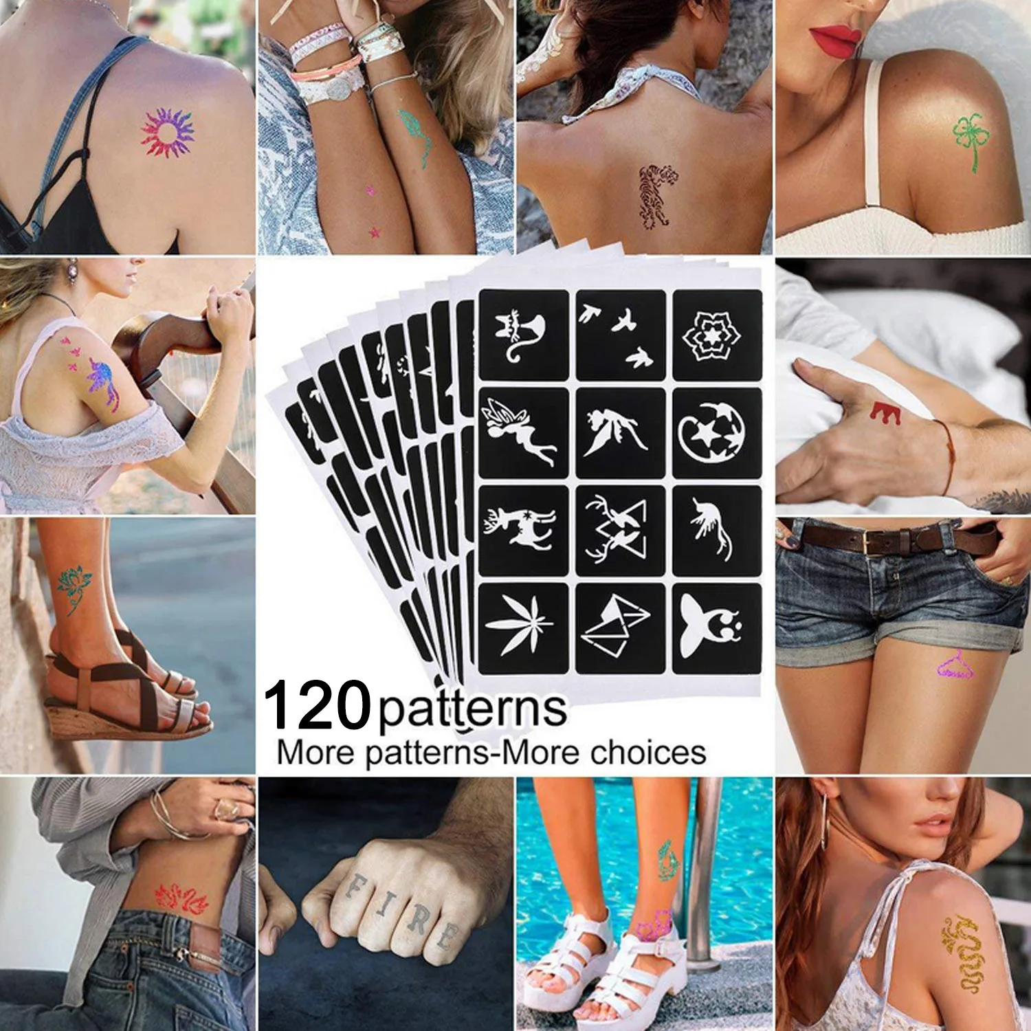 Glitter Tattoos Kit 24 Colors Glitter Powders + 120 Unique Tattoo Stencil + 7 Tools for Kid Adults Body Face Art Design