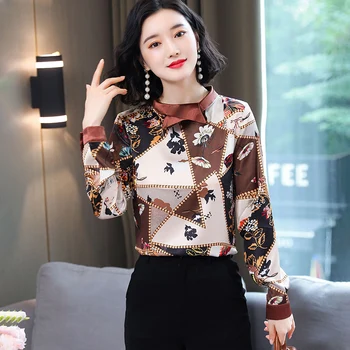 

COIGARSAM Fashion Full Sleeve Shirt Womens tops New Floral Print Chiffon Women shirts Brown Green 8197