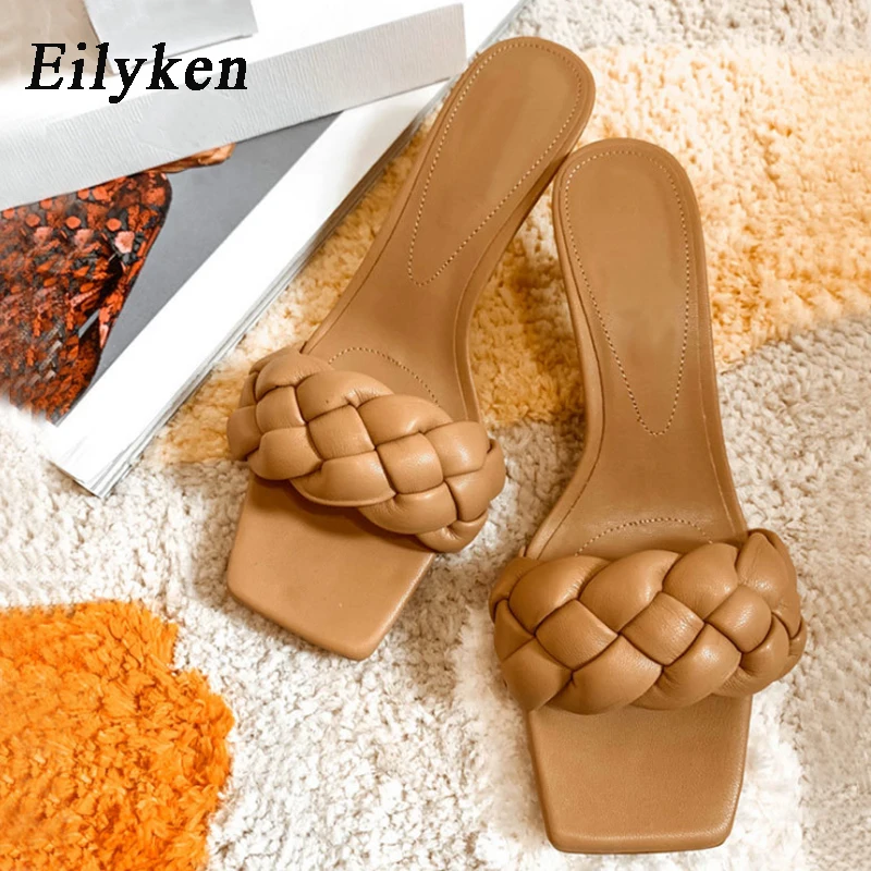 Eilyken 2022 New Design Women Slippers Fashion Weave Pu Leather Shallow Sliders Summer Outdoor High Heels Elegant Ladies Shoes | Обувь