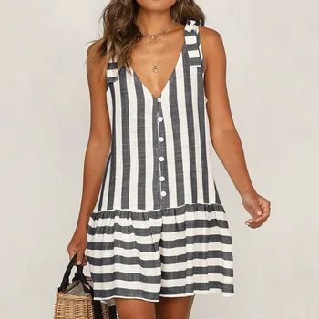 

Hot Popular Fashion Women Striped Printed Button V-Neck Sleeveless Casual Mini Dress K2