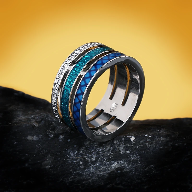 Creative Rings for Women Three-layer Blue Zircon Geometric Ring Handmade Enamel Women's Jewelry Engagement Rings for Women wedding rings silver rings silver ring gold plated rings gold plated silver ring silver plated ring gold rings gemstone ring natural stone ring