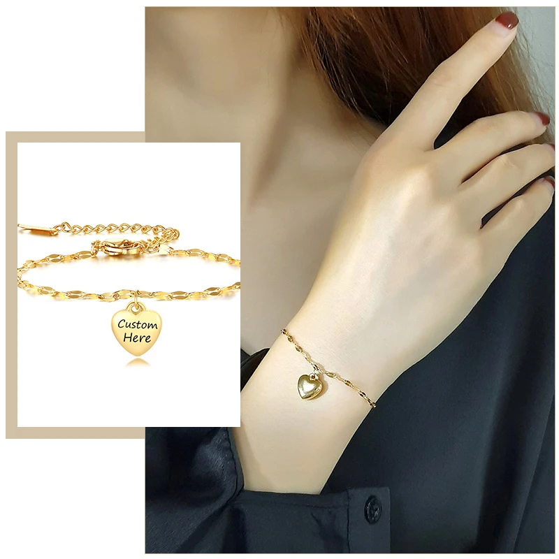 

Trendy Custom Heart Charm Bracelets for Women Gold Color Stainless Steel Link Chain with Personalize Engrave Gifts Jewelry