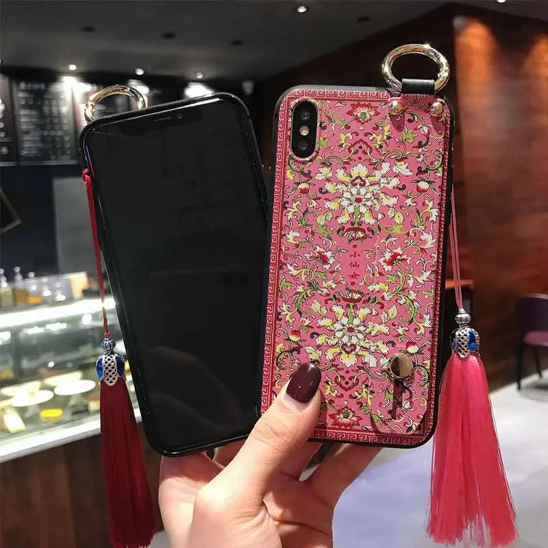 Китайский стиль синий дворец Safflower Чехлы для samsung S10 S9plus S8plus Note8 тисненая повязка на запястье кисточкой Висячие украшения крышка