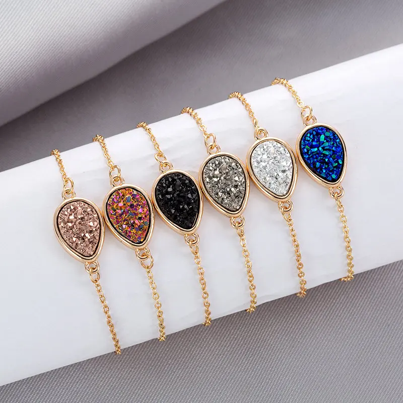 

2019 New Charm Adjustable Geometric Resin Druzy Drusy Bracelet Faux Resin Druse Stone Gold Chain Jewelry for Women Gift