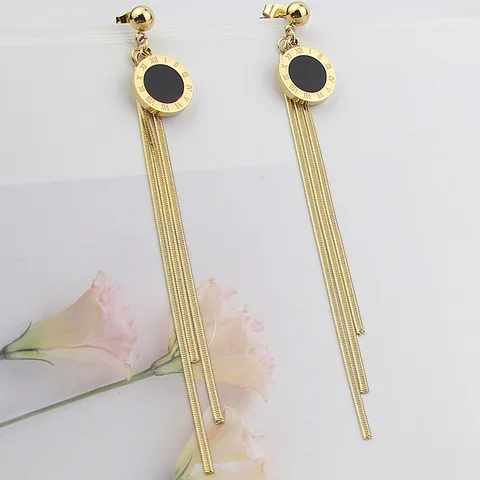 jewelry steel ball earrings hanging black Roman numeral round cake snake bone chain tassel rose gold women earrings gift