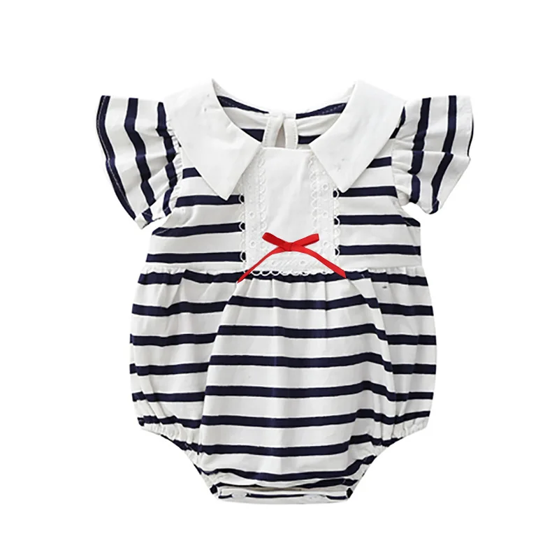 

Summer Striped Baby Bodysuit Cotton Sailor Collar Ruffles Infant Jumpsuits Newborn Clothes 0-18M
