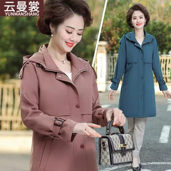 

yunman shang Mom Autumn Clothing Coat 2020 New Style Hooded Windbreaker Women Mid-length Middle-aged WOMEN'S Apparels Large Size
