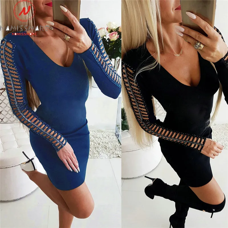 

Women Bodycon Dress Patchwork Hollow Out Design Beading Decor V-Neck Long Sleeve Solid Elegant Lady Autumn Slim Hips Mini Dress