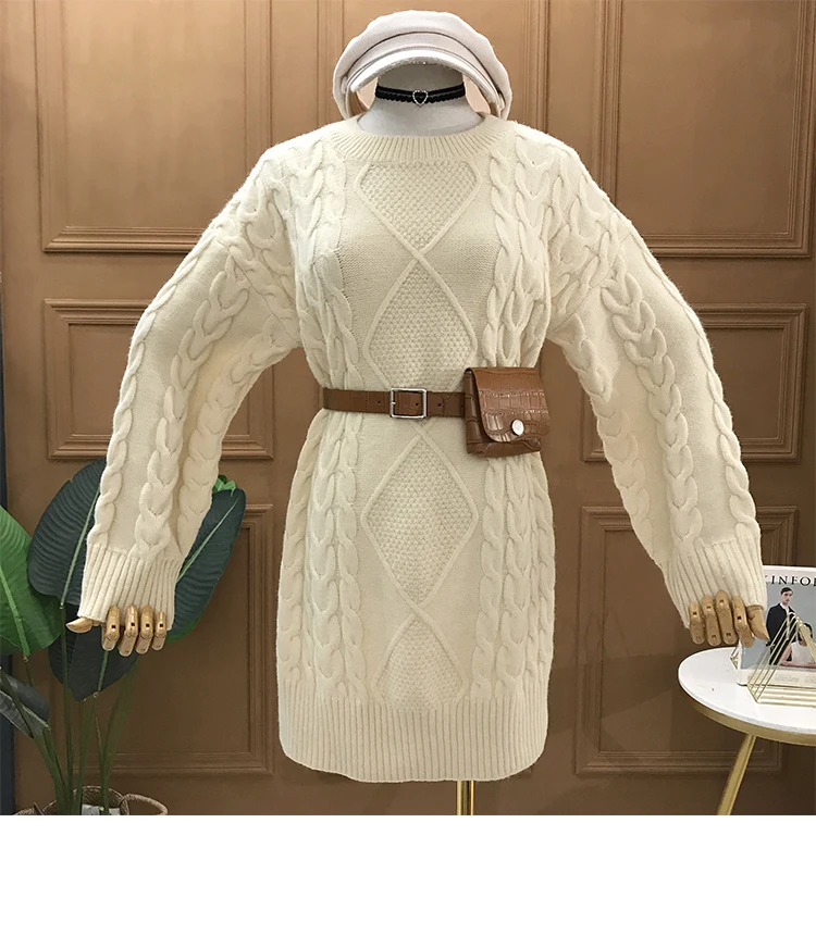 New Loose Long Sweater Women's Round Neck Retro Mid Length Knit Pullover Knitwear with Belt Girls Winter Knitted Shirt Sweaters