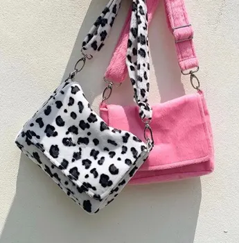

Drop Shipping Handbag Designer Women's Plush Shoulder Bags Soft Fur Leopard Print Handbag Women Capacity Purse Lady Sac