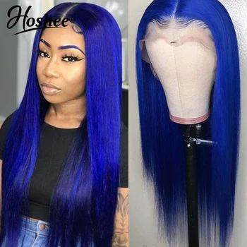 

Blue Color Straight Transparent Lace Front Wig Preplucked Brazilian Remy 13x4 Lace Front Human Hair Wigs For Black Women 180%