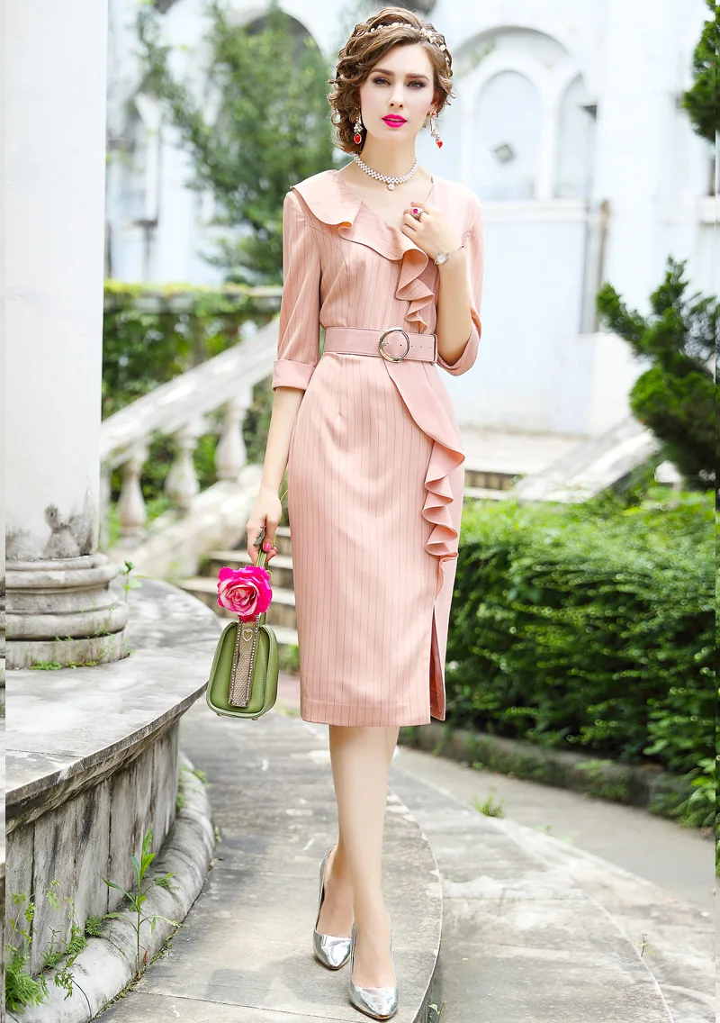 new High quality Retro Ruffles Women ladies sexy Party dress Plus Size work Stitching Occupation dresses belt Celebrities