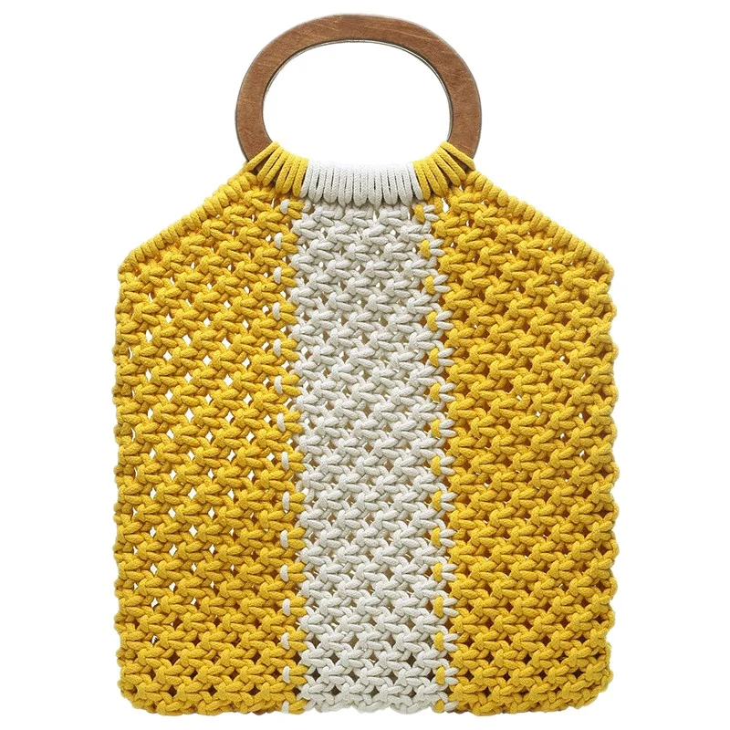 

Women'S Color Cotton Woven Bag Female Retro Wooden Handle Handbag Portable Beach Bag