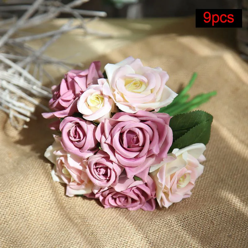9pcs-pink purple Искусственный Букет роз для дома Свадебные Декоративные Шелковые цветы букеты невесты Рождественские цветы поддельные цветы осенние украшения - Цвет: 9pcs-pink purple