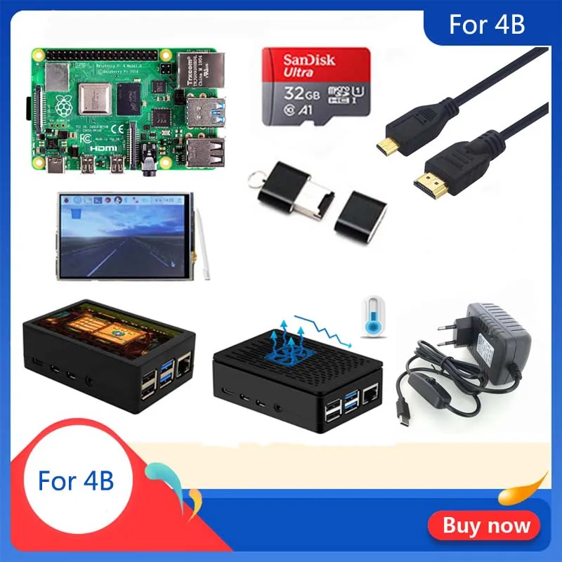  Original Raspberry Pi 4 Model B 1/2/4GB RAM  Case  Heat Sink  Power Adapter  32 GB SD Card  Micro H