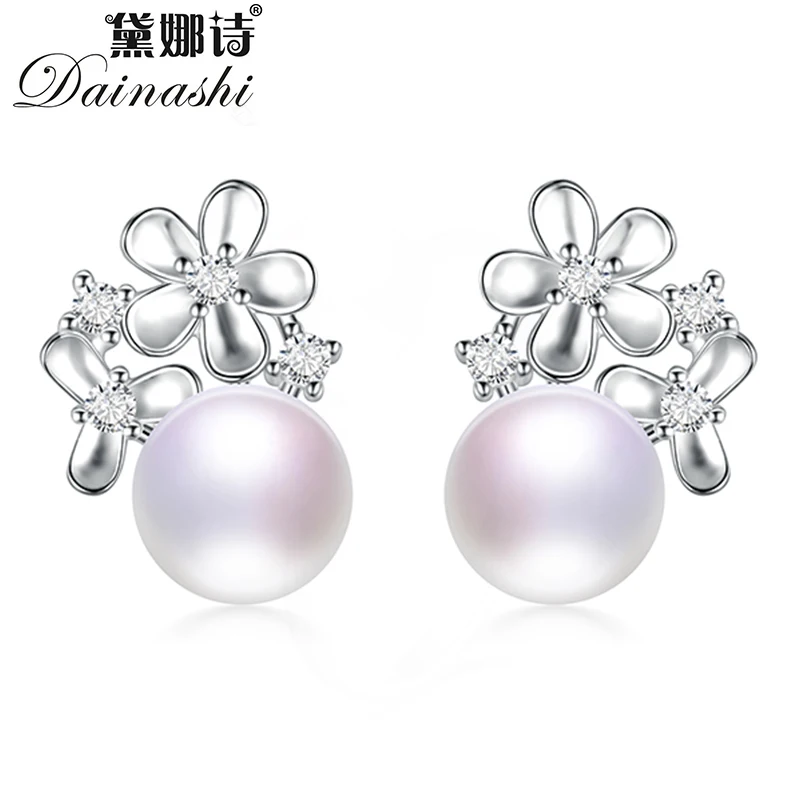 Dainashi 925 пробы серебряные серьги-гвоздики в виде цветка с цирконием настоящие серьги из натурального пресноводного жемчуга для женщин, хорошее ювелирное изделие