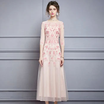 

Women 2020 summer plus size party dress luxury designer diamonds beading floral embroidery long mesh dresses pink red