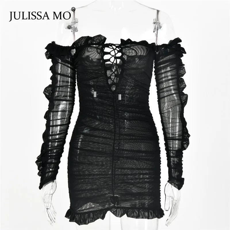 Julissa mo, Двухслойное Сетчатое облегающее платье, Осеннее сексуальное платье с открытыми плечами и оборками, женское модное короткое Клубное платье для вечеринок