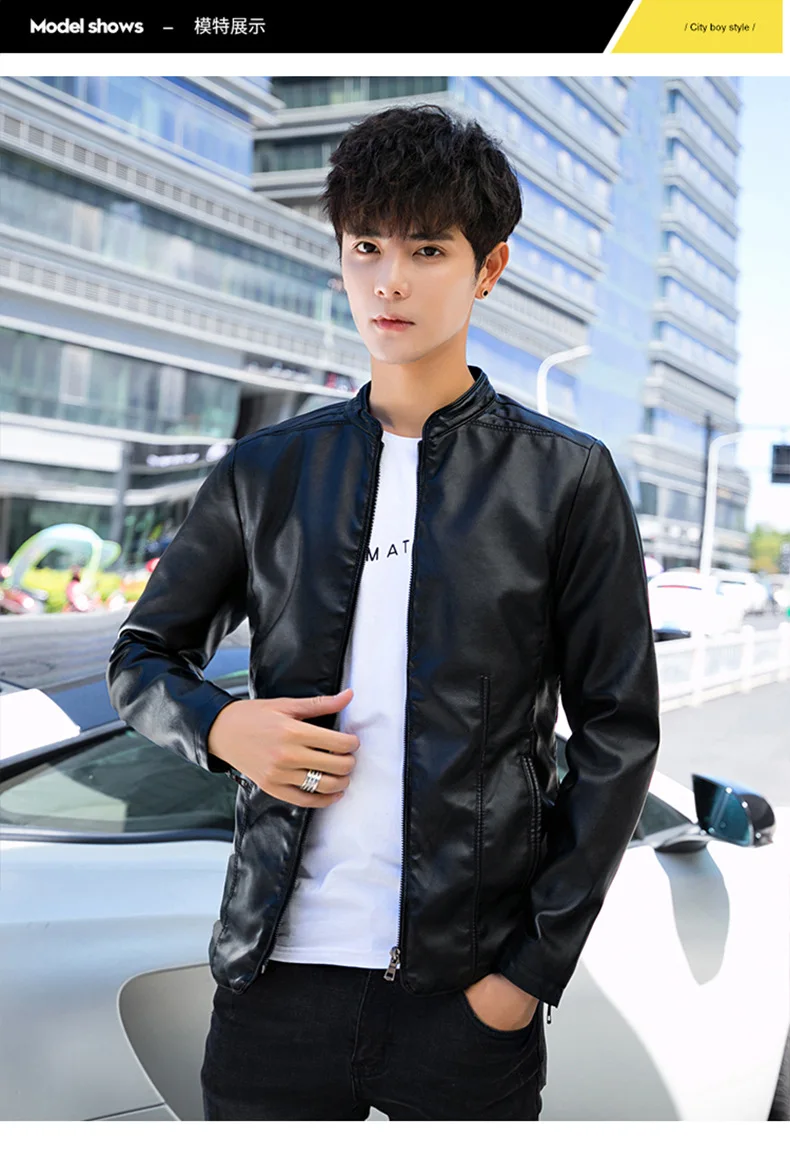 Men's Casual PU Leather Fashion Korean-style Stand Collar Teenager Leather Jacket Slim Fit Fashion plus Velvet Warm MEN'S Outerw