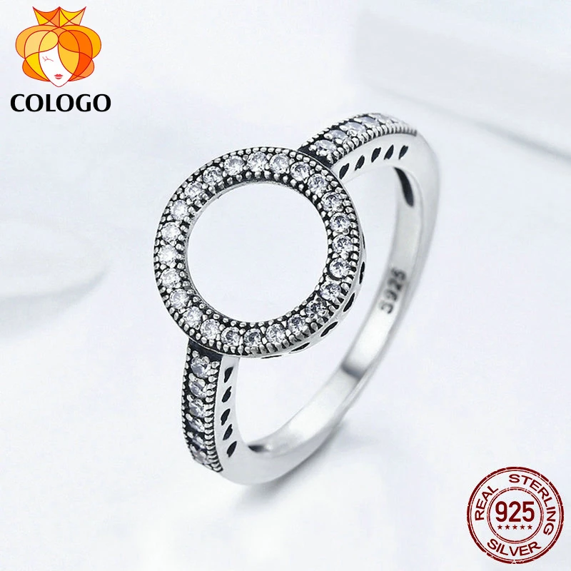 

COLOGO 100% Genuine 925 Sterling Silver Forever Lucky Clear Black CZ Circle Round Ring For Women Anniversary Jewelry Gift WS07