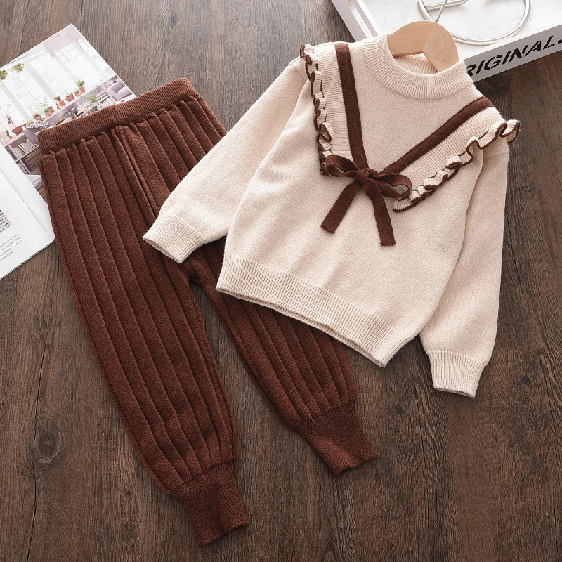 Melario Autumn Winter Fashion Girls Bow Knitted Thick Clothes Sets Kids Warm Long Sleeve Sweater Pants 2pcs Set Baby Girl Outfit