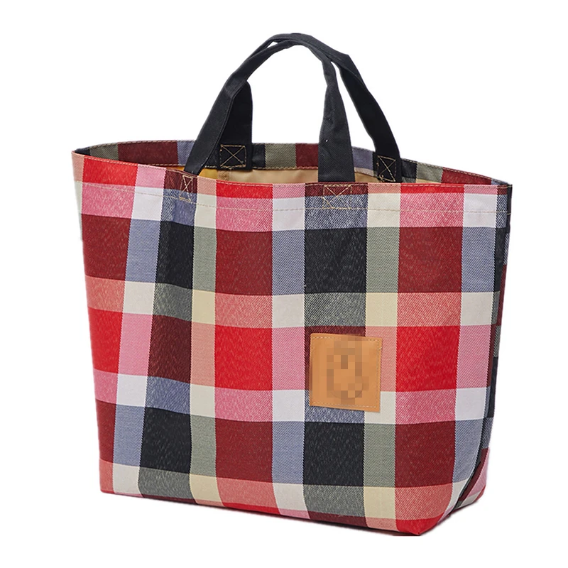 Black Red Grid Prints Shopping Bag Folded Woman Handbags Girl Book Bags Portable Shopping Handbag Recycling Eco Tote Organizer